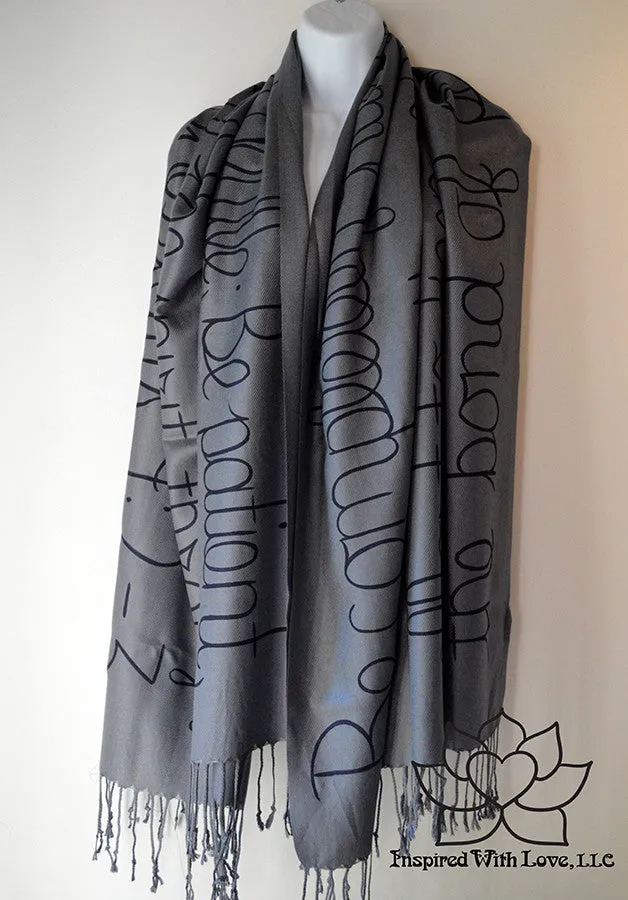 Custom Hand-painted Script Pashmina Dark Gray Scarf (Viscose/Acrylic blend) - Made to Order