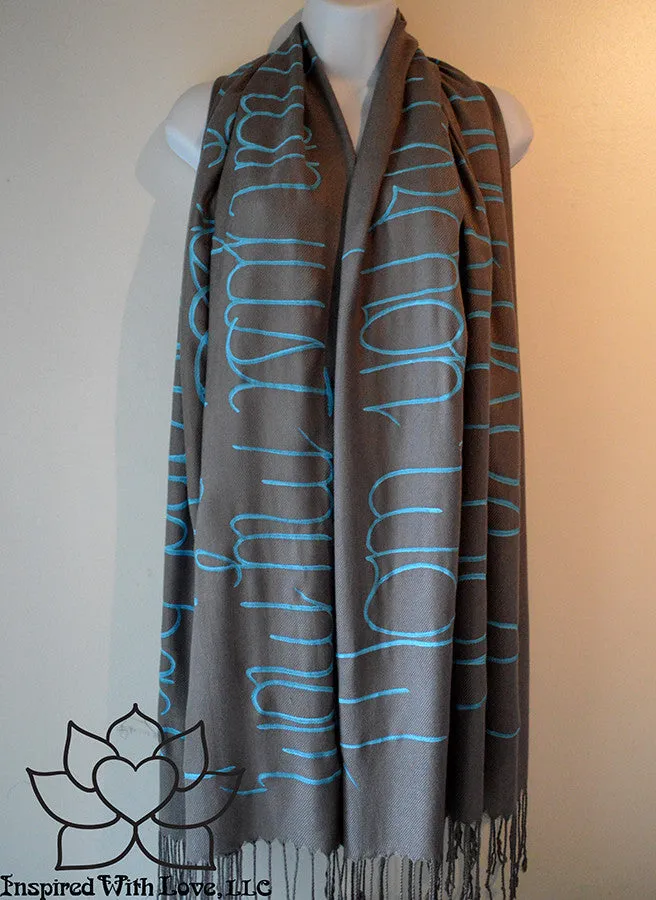 Custom Hand-painted Script Pashmina Dark Gray Scarf (Viscose/Acrylic blend) - Made to Order