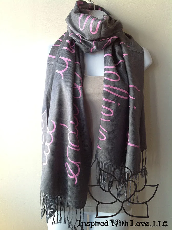 Custom Hand-painted Script Pashmina Dark Gray Scarf (Viscose/Acrylic blend) - Made to Order