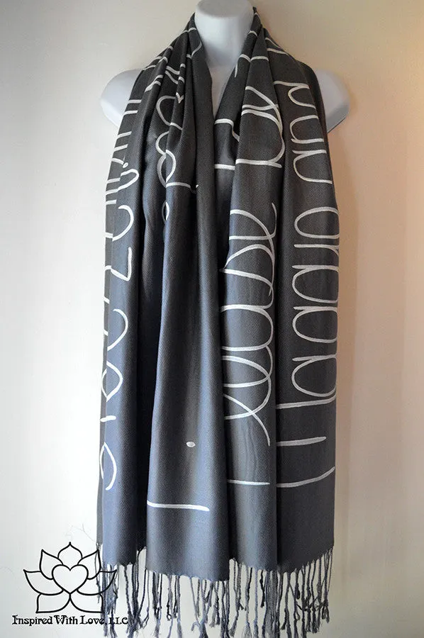 Custom Hand-painted Script Pashmina Dark Gray Scarf (Viscose/Acrylic blend) - Made to Order