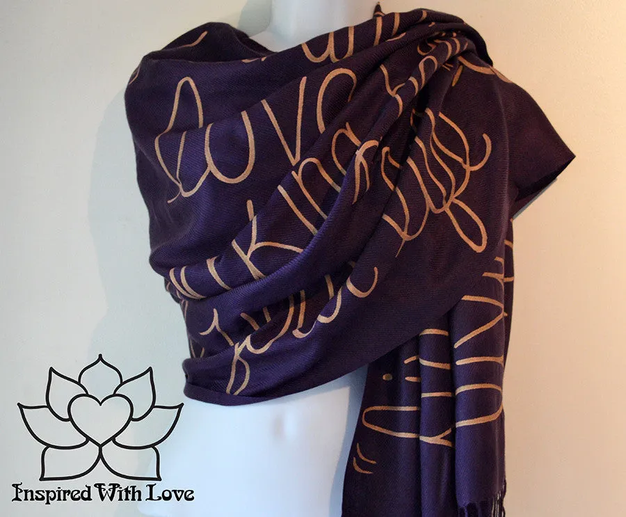 Custom Hand-painted Script Pashmina Eggplant Scarf (Pashmina/Silk blend) - Made to Order