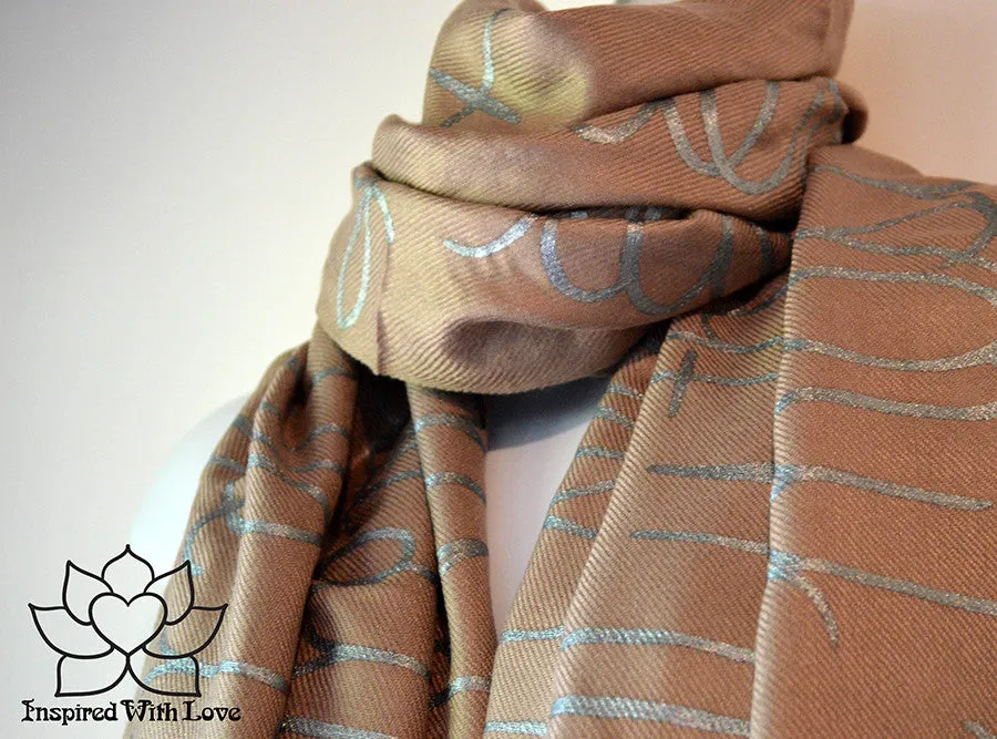 Custom Hand-painted Script Pashmina Mocha Scarf (Pashmina/Silk blend) - Made to Order