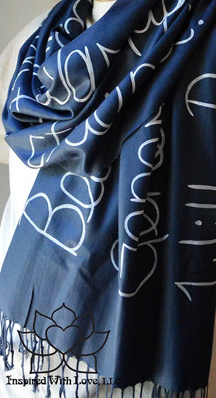 Custom Hand-painted Script Pashmina Navy Scarf (Pashmina/Silk blend) - Made to Order