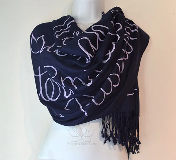 Custom Hand-painted Script Pashmina Navy Scarf (Pashmina/Silk blend) - Made to Order