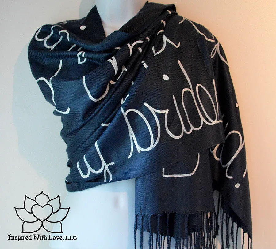 Custom Hand-painted Script Pashmina Navy Scarf (Pashmina/Silk blend) - Made to Order