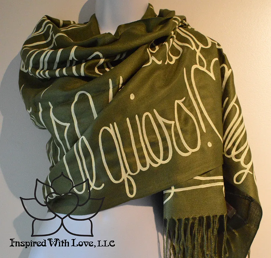 Custom Hand-painted Script Pashmina Olive Green Scarf (Pashmina/Silk blend) - Made to Order