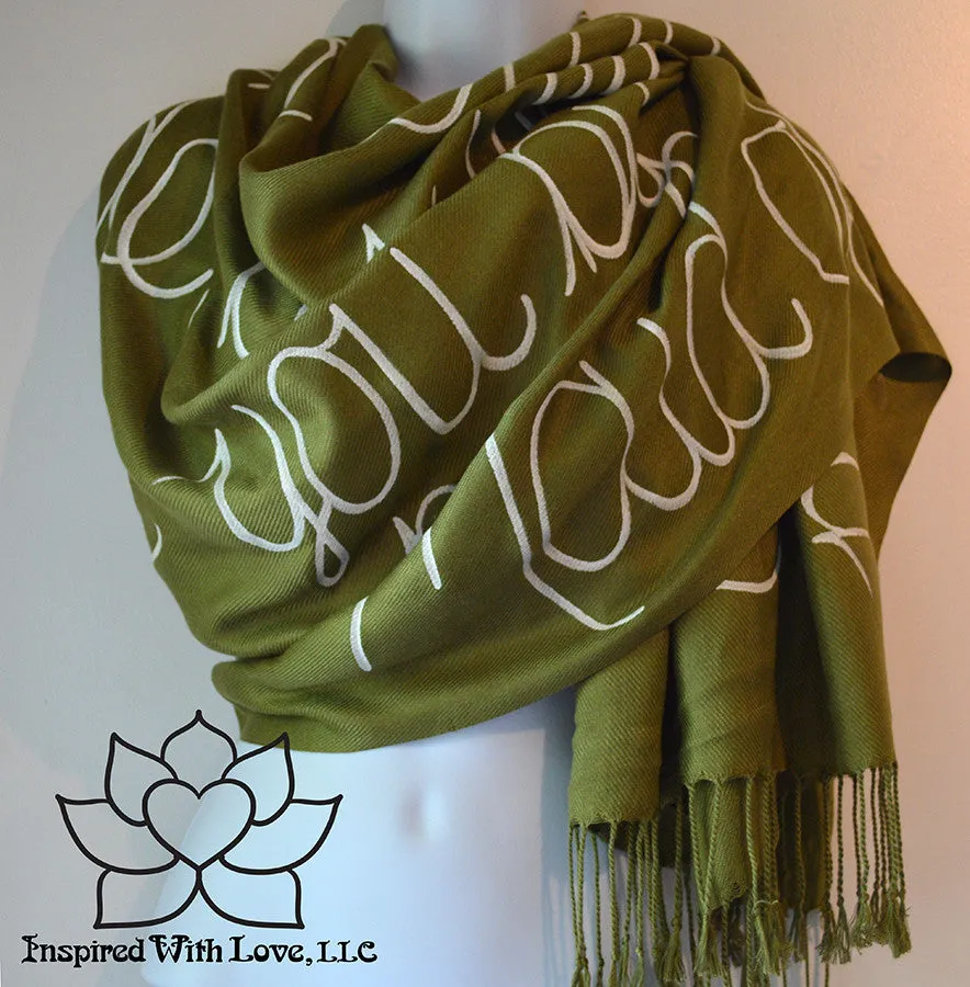 Custom Hand-painted Script Pashmina Olive Green Scarf (Pashmina/Silk blend) - Made to Order