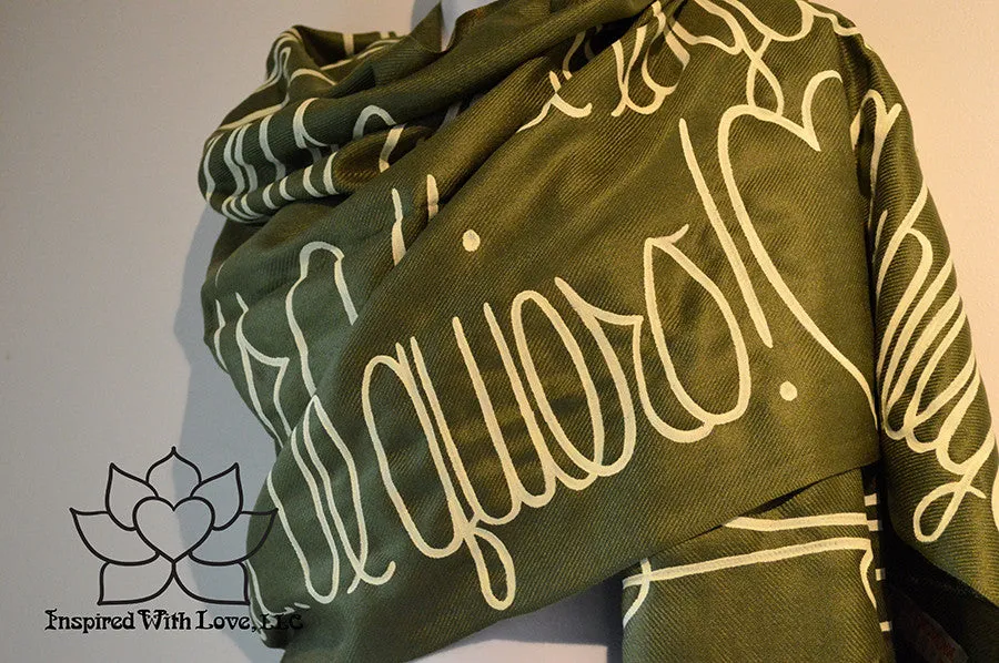 Custom Hand-painted Script Pashmina Olive Green Scarf (Pashmina/Silk blend) - Made to Order