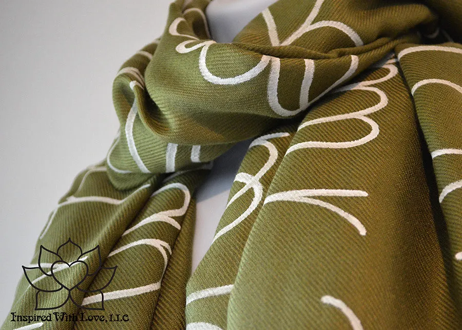 Custom Hand-painted Script Pashmina Olive Green Scarf (Pashmina/Silk blend) - Made to Order