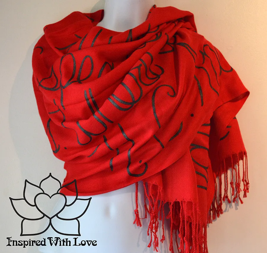 Custom Hand-painted Script Pashmina Red Scarf (Pashmina/Silk blend) - Made to Order