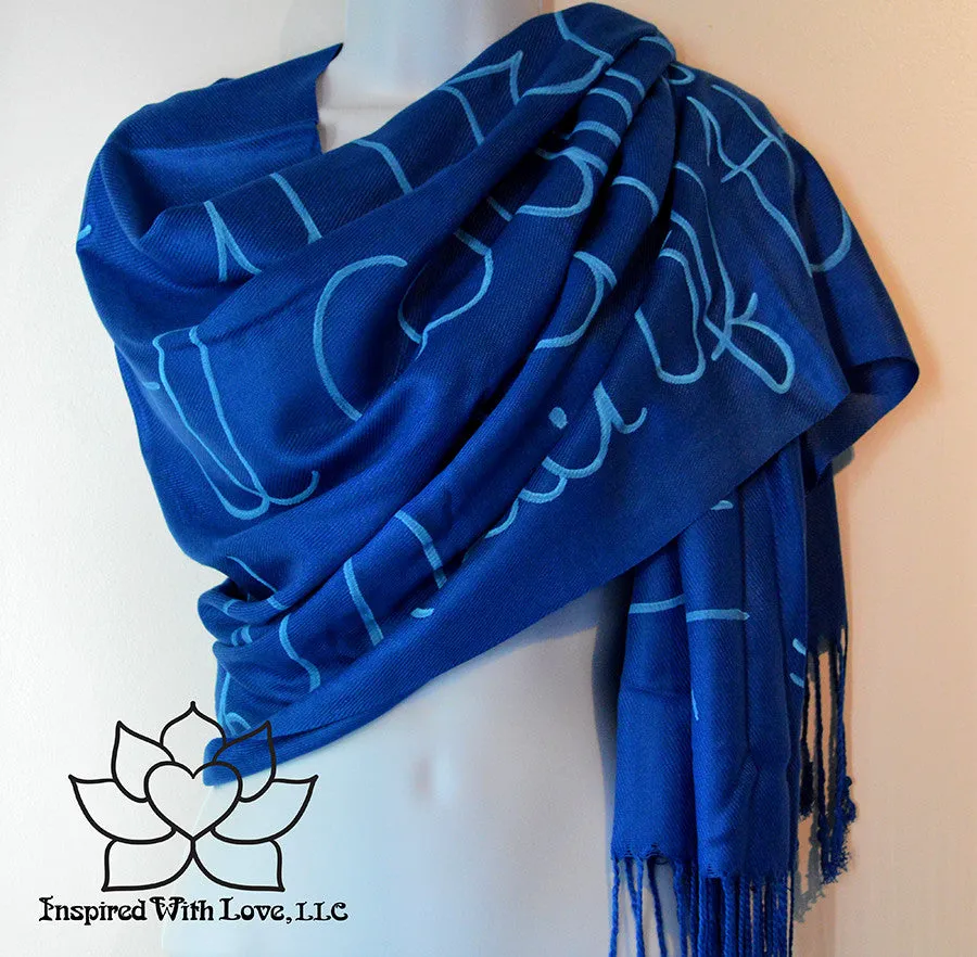 Custom Hand-painted Script Pashmina Royal Blue Scarf (Pashmina/Silk blend) - Made to Order