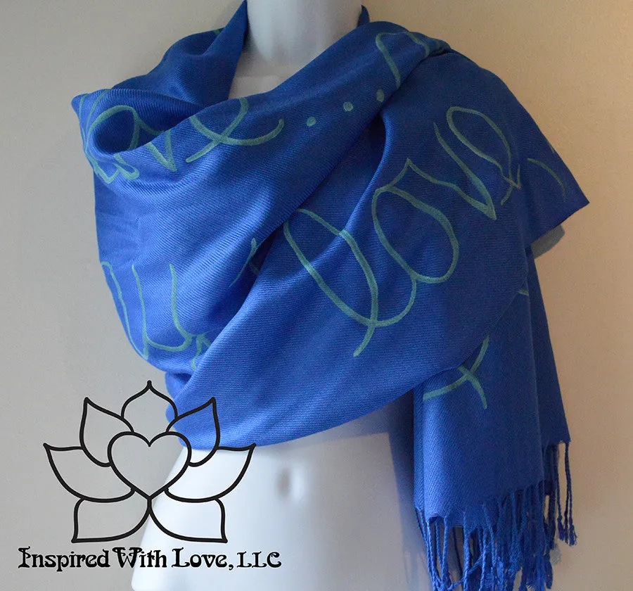 Custom Hand-painted Script Pashmina Royal Blue Scarf (Pashmina/Silk blend) - Made to Order