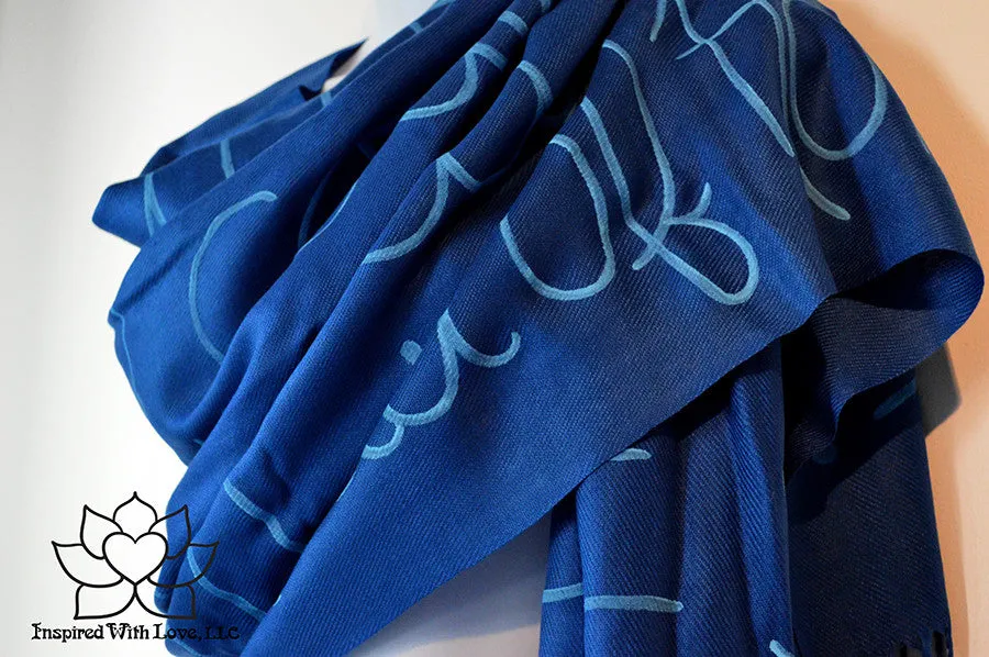 Custom Hand-painted Script Pashmina Royal Blue Scarf (Viscose/Acrylic blend) - Made to Order