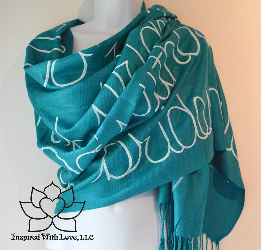 Custom Hand-painted Script Pashmina Teal Scarf (Viscose/Acrylic blend) - Made to Order