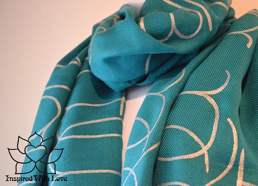 Custom Hand-painted Script Pashmina Teal Scarf (Viscose/Acrylic blend) - Made to Order