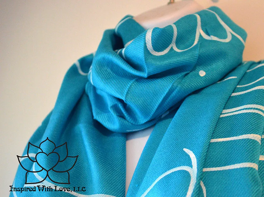 Custom Hand-painted Script Pashmina Turquoise Scarf (Pashmina/Silk blend) - Made to Order