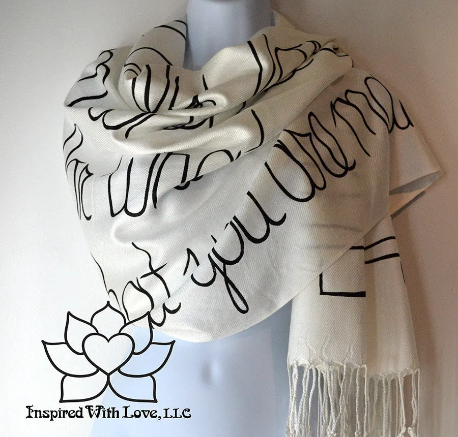 Custom Hand-painted Script Pashmina White Scarf (Pashmina/Silk blend) - Made to Order
