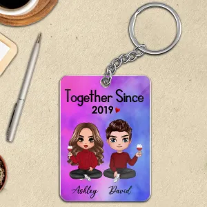Doll Couple Sitting Gift For Him For Her Personalized Keychain ( Galaxy ver. )