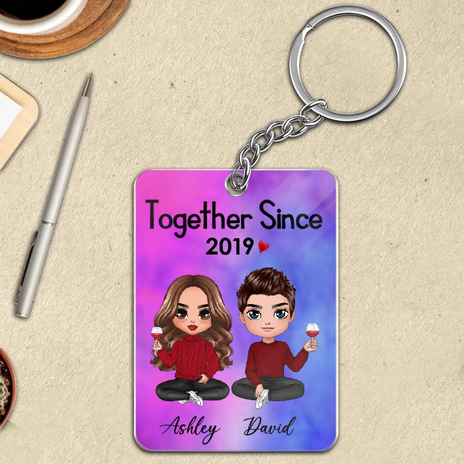 Doll Couple Sitting Gift For Him For Her Personalized Keychain ( Galaxy ver. )