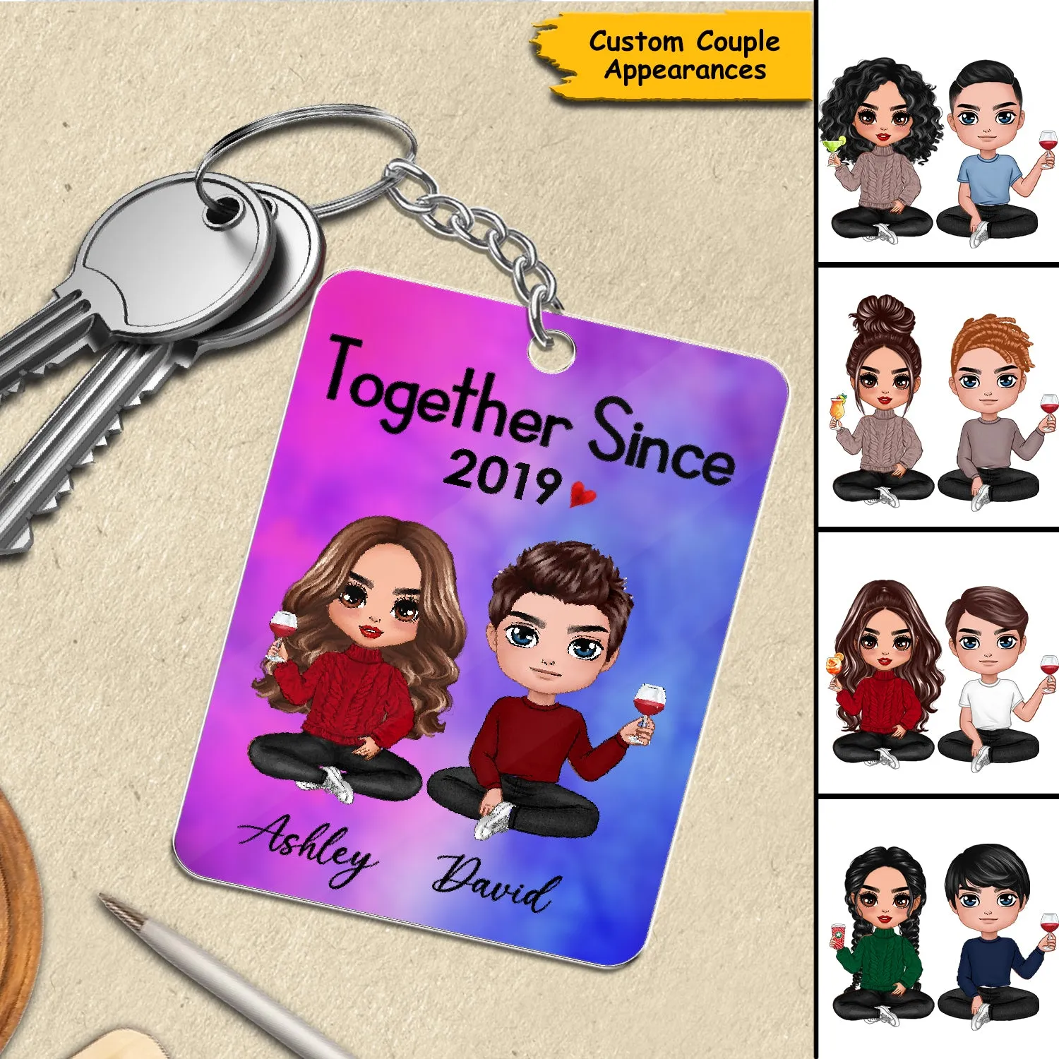 Doll Couple Sitting Gift For Him For Her Personalized Keychain ( Galaxy ver. )