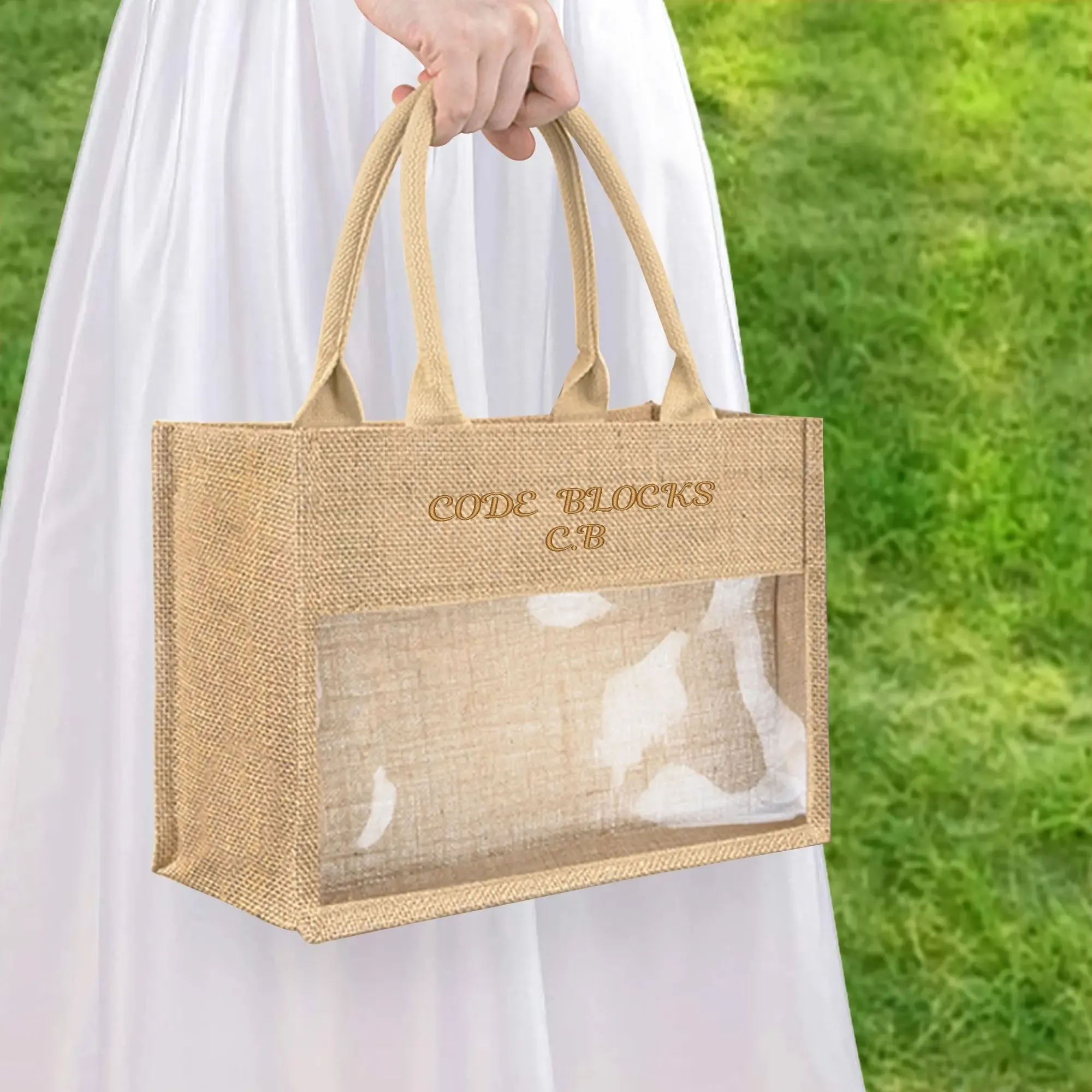 Embroidered Text Reusable Jute Burlap Tote Bag with Transparent PVC Film Window