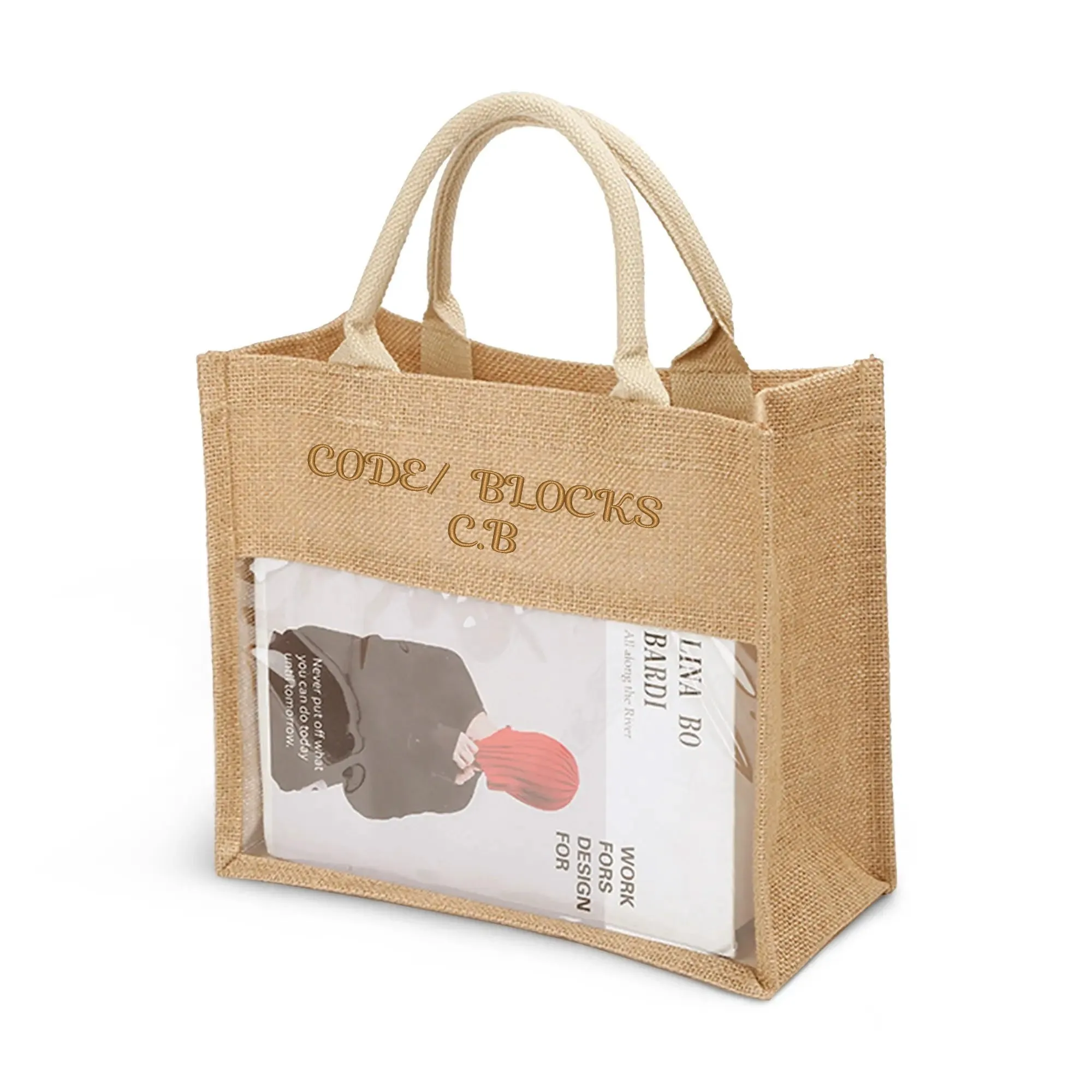 Embroidered Text Reusable Jute Burlap Tote Bag with Transparent PVC Film Window