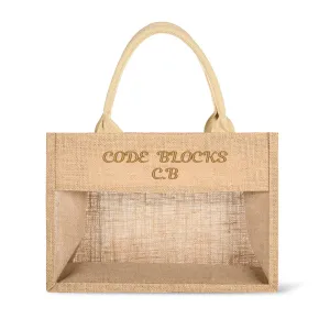 Embroidered Text Reusable Jute Burlap Tote Bag with Transparent PVC Film Window