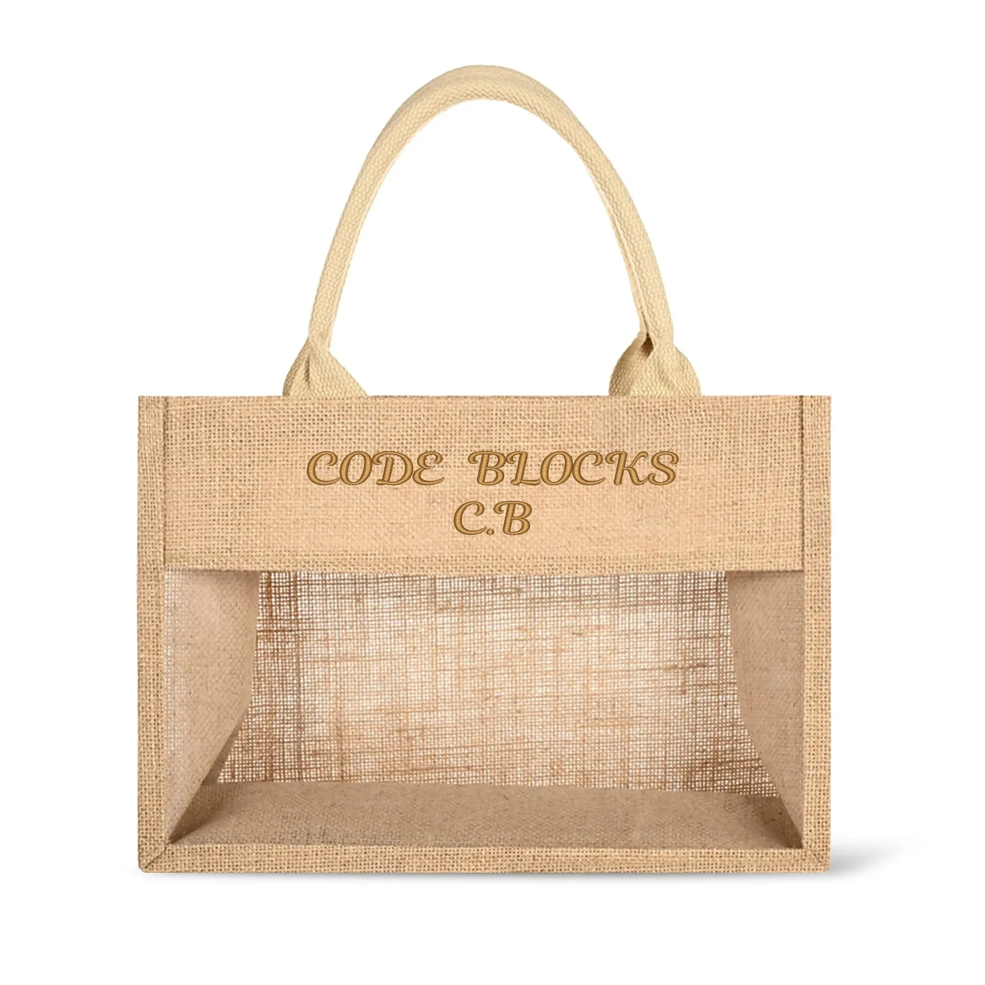 Embroidered Text Reusable Jute Burlap Tote Bag with Transparent PVC Film Window