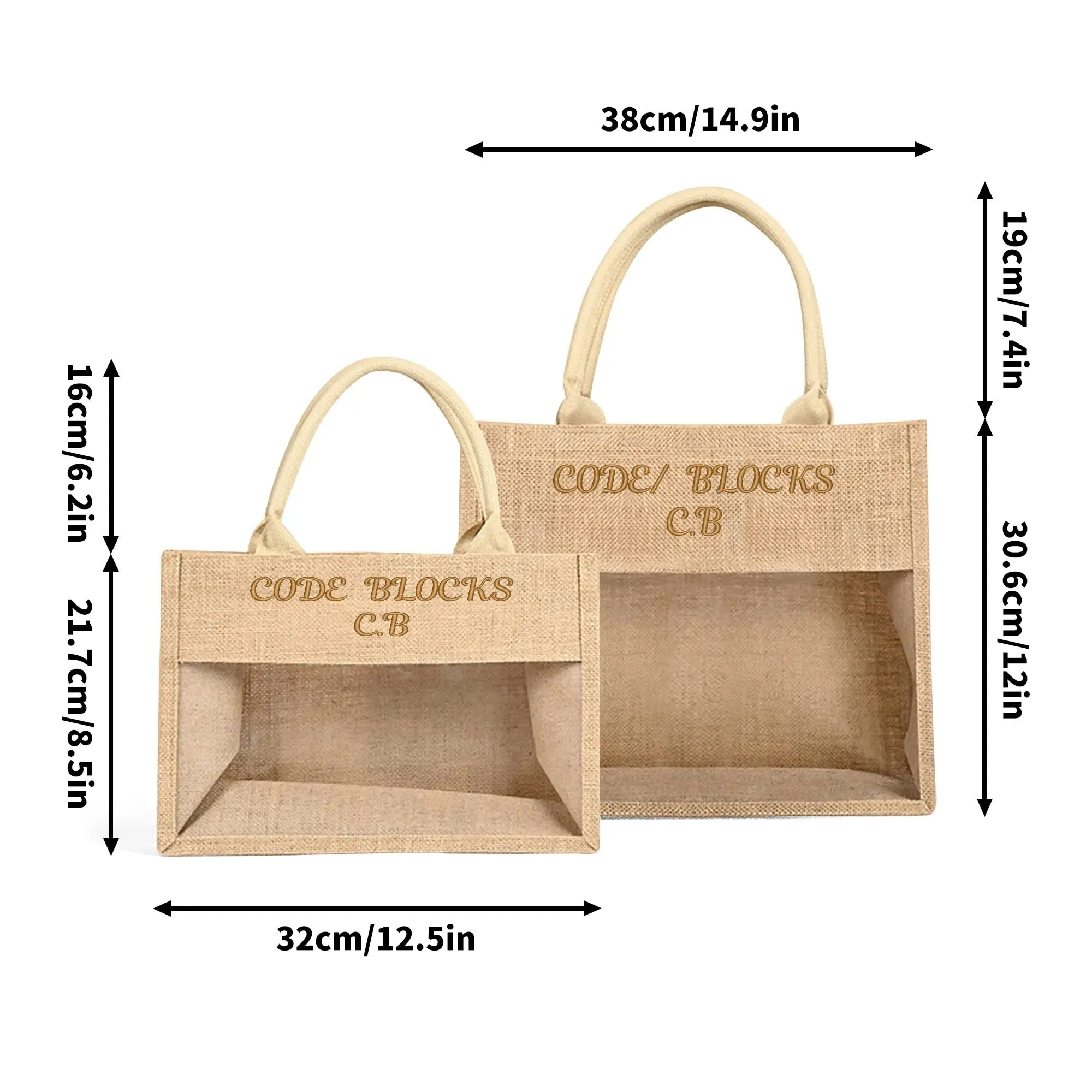Embroidered Text Reusable Jute Burlap Tote Bag with Transparent PVC Film Window