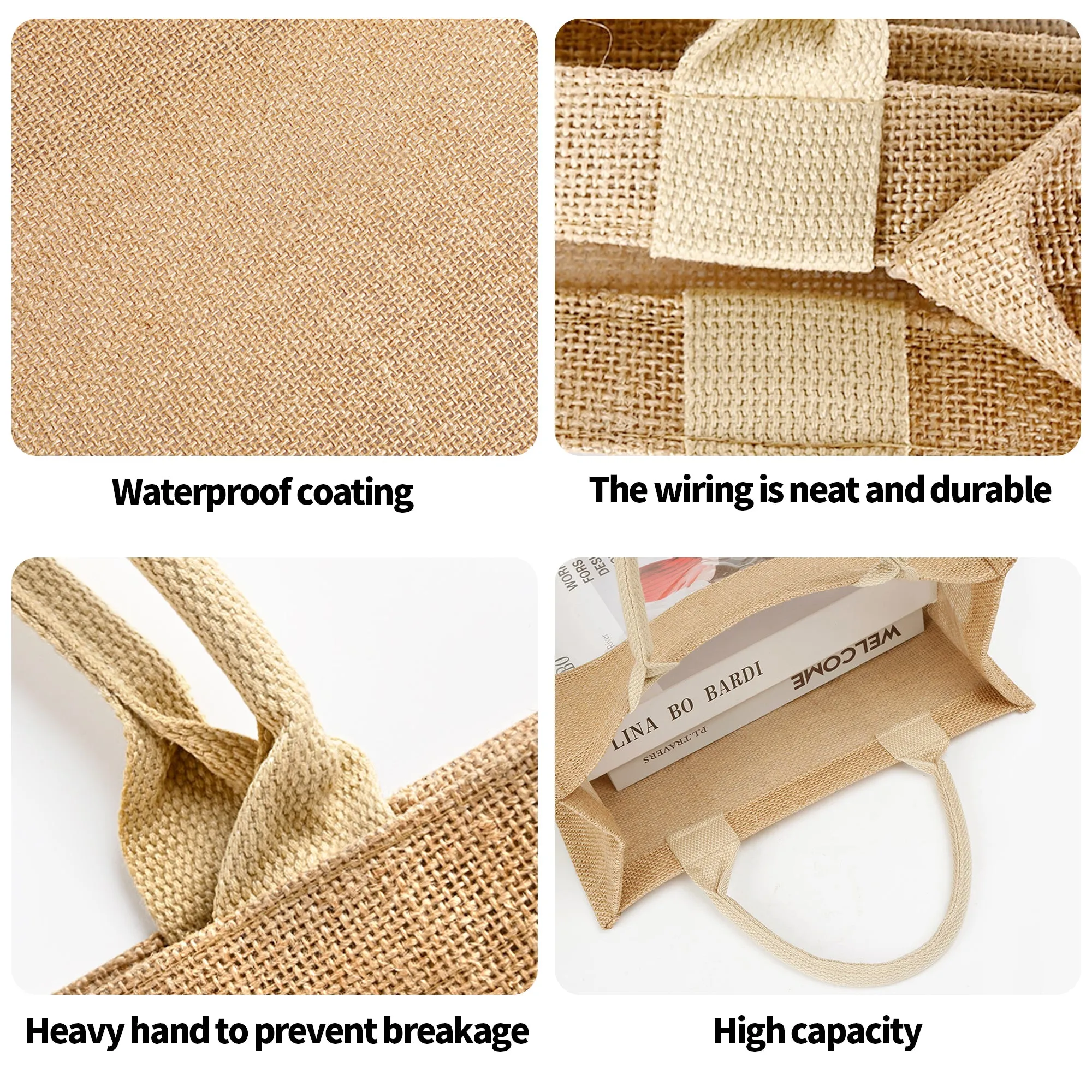 Embroidered Text Reusable Jute Burlap Tote Bag with Transparent PVC Film Window