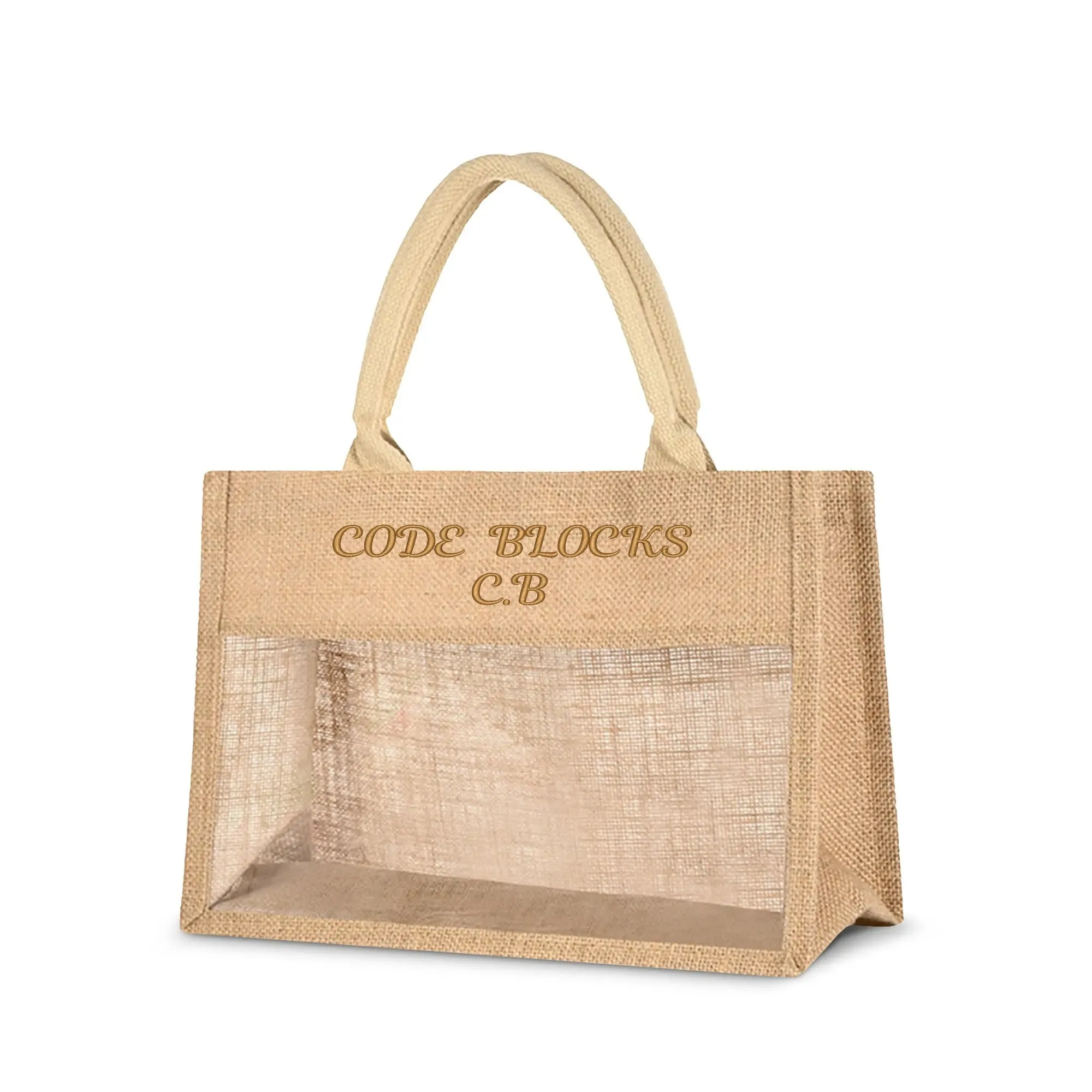 Embroidered Text Reusable Jute Burlap Tote Bag with Transparent PVC Film Window