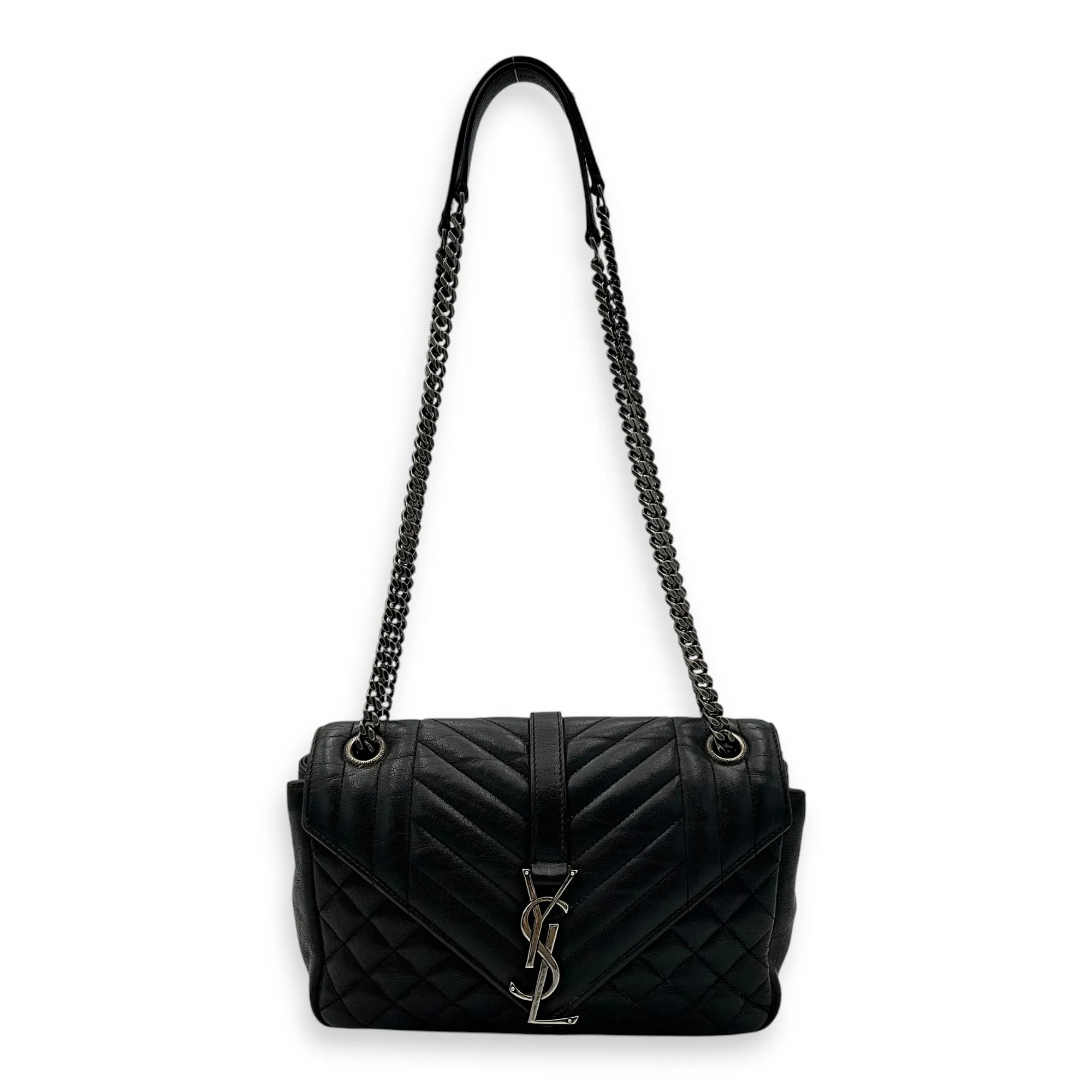Envelope Shoulder Bag Black in Calfskin, Ruthenium hardware