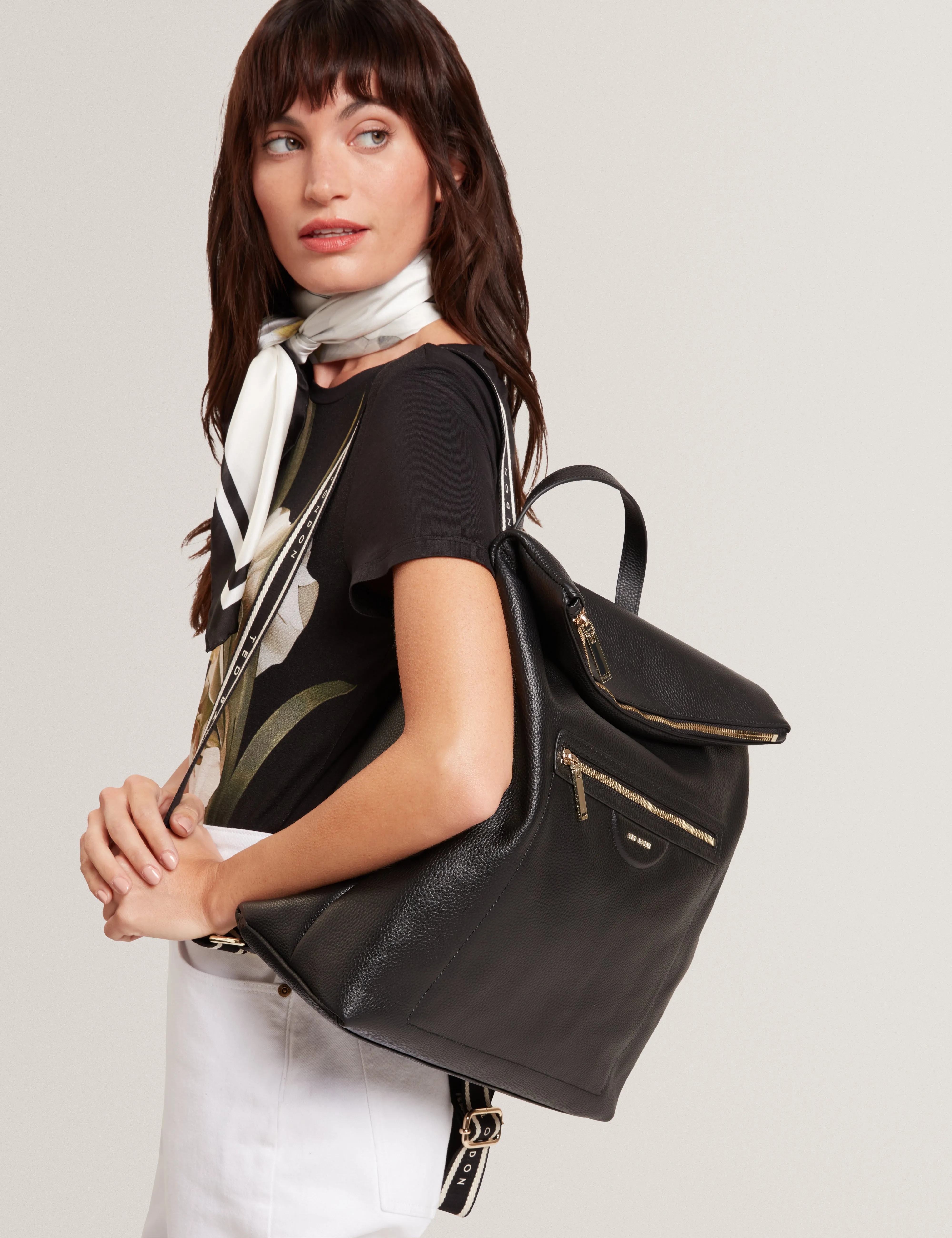 Essaya Pebbled Leather Fold Over Backpack Black