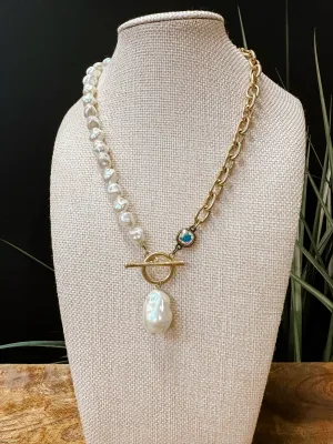 Faux Pearl   Gold Chain Toggle Necklace