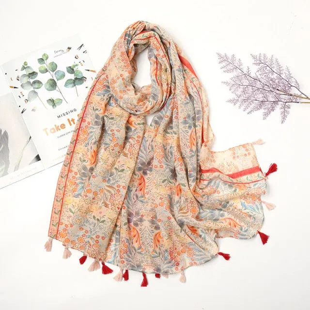 Floral Pashmina Scarf with Fringes for Women - Lightweight Soft Wrap in Various Colours