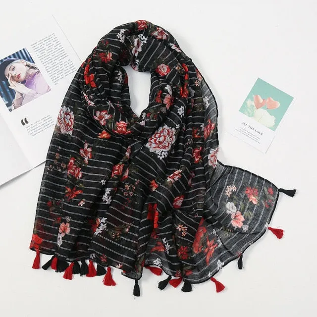 Floral Pashmina Scarf with Fringes for Women - Lightweight Soft Wrap in Various Colours