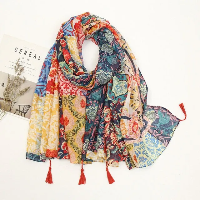 Floral Pashmina Scarf with Fringes for Women - Lightweight Soft Wrap in Various Colours