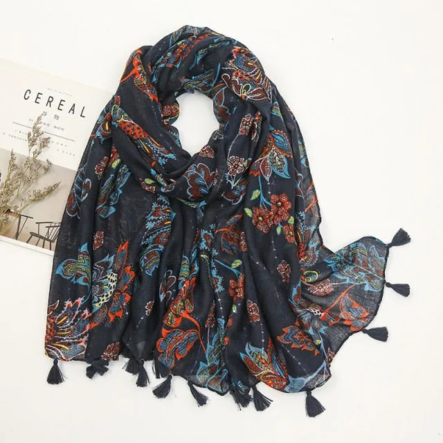 Floral Pashmina Scarf with Fringes for Women - Lightweight Soft Wrap in Various Colours