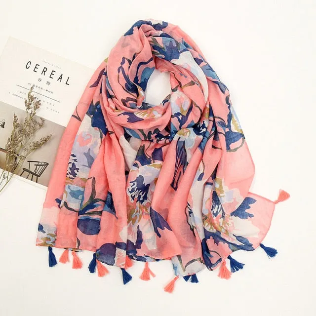 Floral Pashmina Scarf with Fringes for Women - Lightweight Soft Wrap in Various Colours