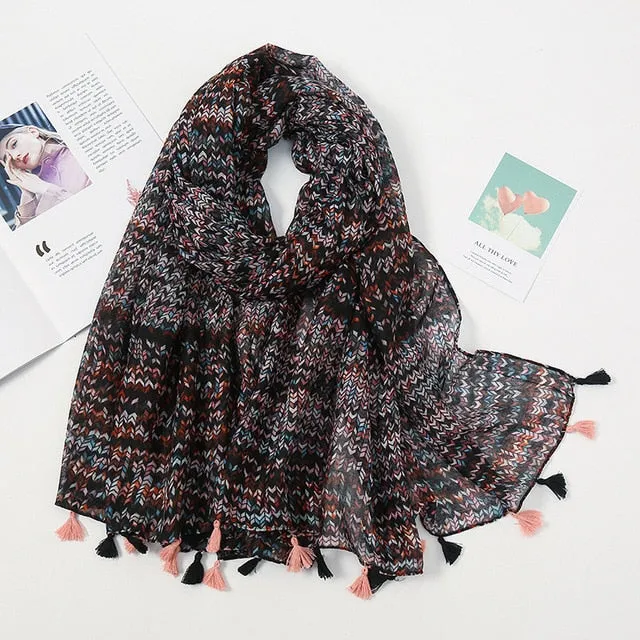 Floral Pashmina Scarf with Fringes for Women - Lightweight Soft Wrap in Various Colours