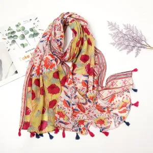Floral Pashmina Scarf with Fringes for Women - Lightweight Soft Wrap in Various Colours