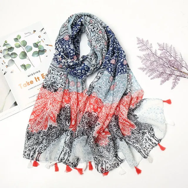 Floral Pashmina Scarf with Fringes for Women - Lightweight Soft Wrap in Various Colours