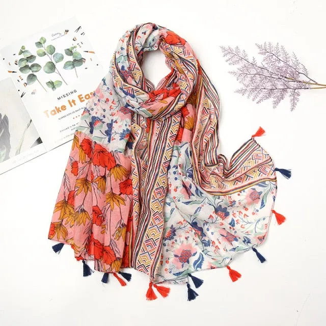 Floral Pashmina Scarf with Fringes for Women - Lightweight Soft Wrap in Various Colours