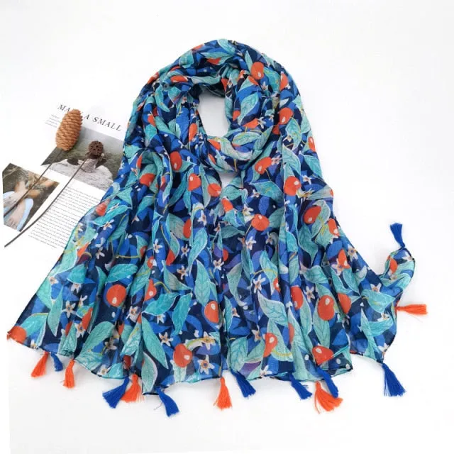 Floral Pashmina Scarf with Fringes for Women - Lightweight Soft Wrap in Various Colours