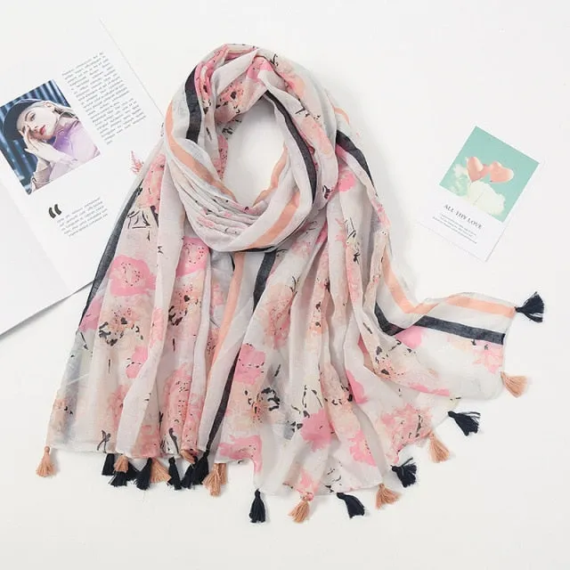 Floral Pashmina Scarf with Fringes for Women - Lightweight Soft Wrap in Various Colours