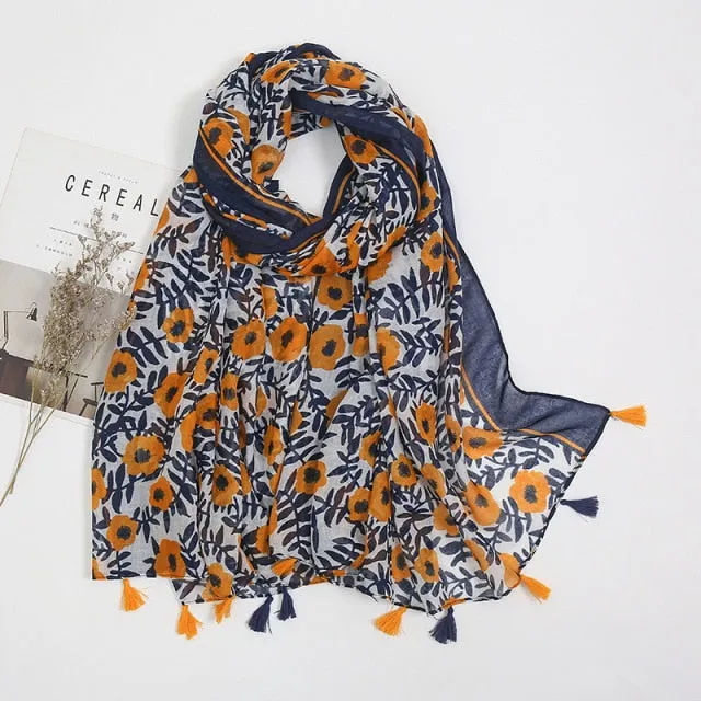 Floral Pashmina Scarf with Fringes for Women - Lightweight Soft Wrap in Various Colours