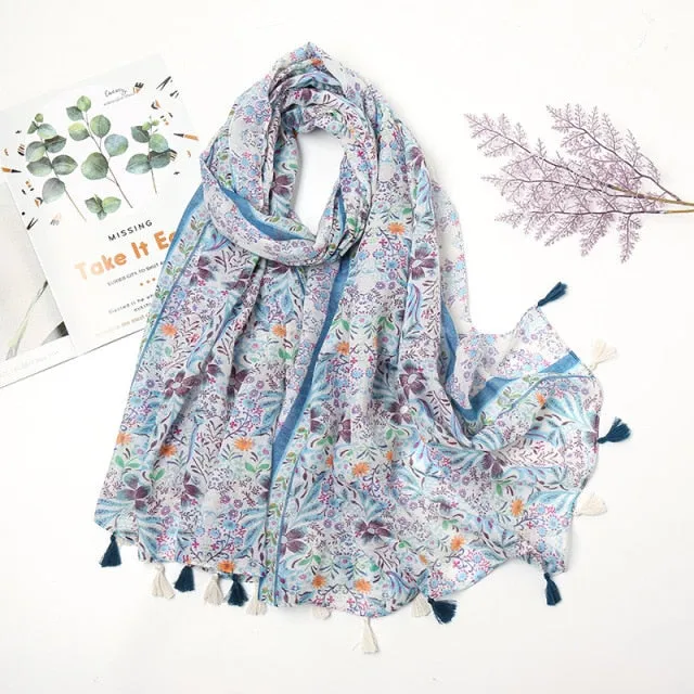 Floral Pashmina Scarf with Fringes for Women - Lightweight Soft Wrap in Various Colours