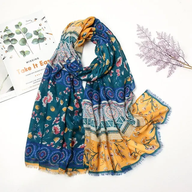 Floral Pashmina Scarf with Fringes for Women - Lightweight Soft Wrap in Various Colours