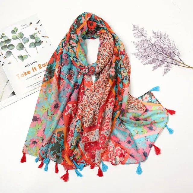 Floral Pashmina Scarf with Fringes for Women - Lightweight Soft Wrap in Various Colours