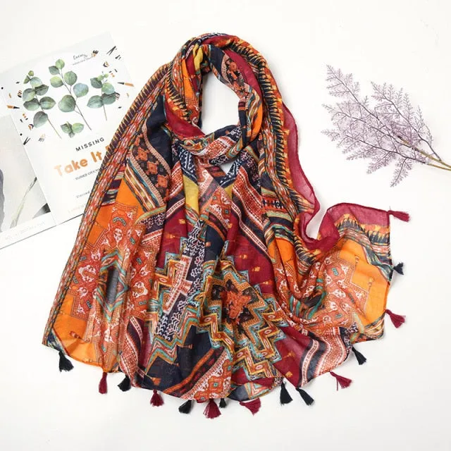 Floral Pashmina Scarf with Fringes for Women - Lightweight Soft Wrap in Various Colours